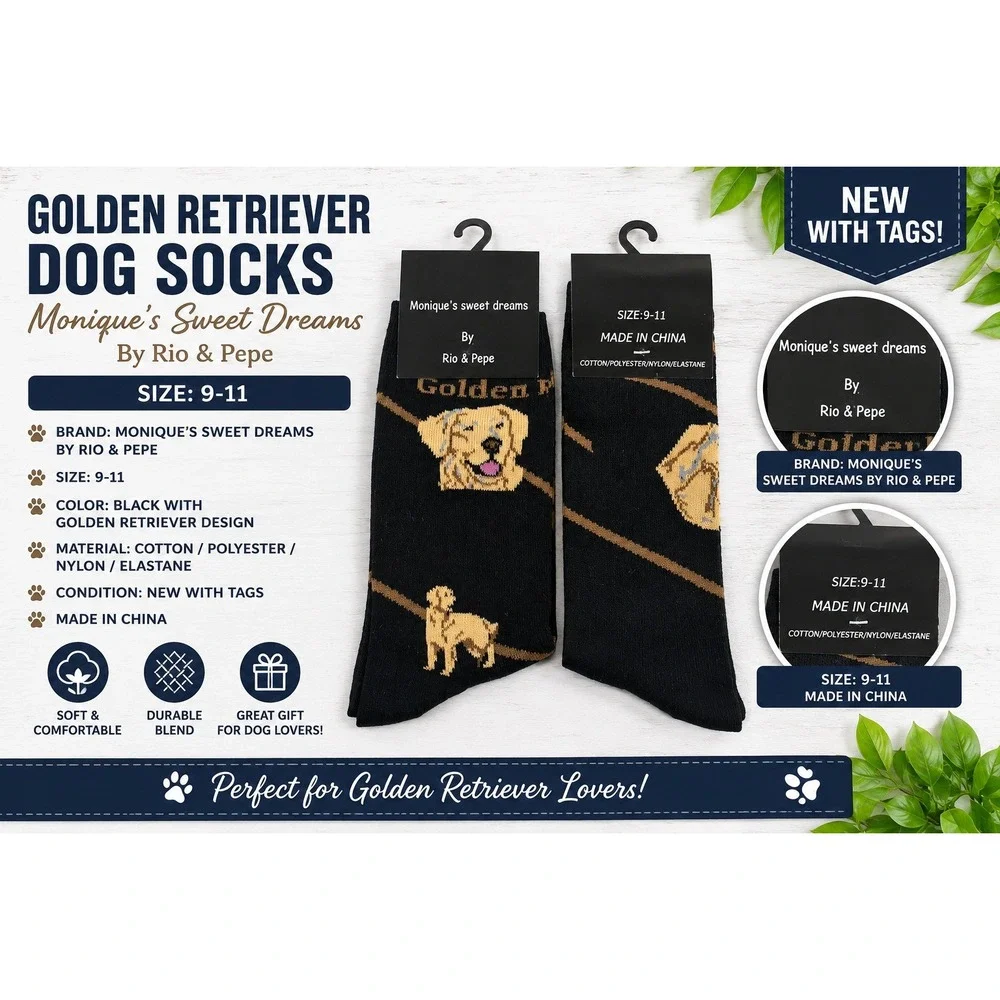 Monique's Sweet Dreams Golden Retriever Dog Socks Black Crew Size 9-11 NWT